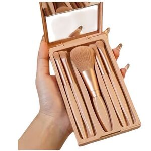 5-Piece Travel Makeup Brush Set with Mirror - Blush Pink